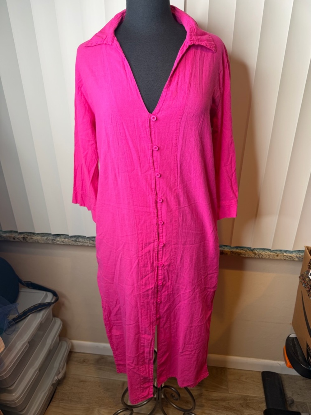 Giocam Peruvian Cotton Bright Fuchsia Button-Front Shirt Dress Size Medium